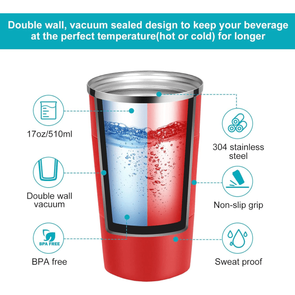 Resterande isolerade kaffekoppar i rostfritt stål, vakuumisoleringsflaskor, termosmugg för varma och kalla drycker (röd, 510 ml) red