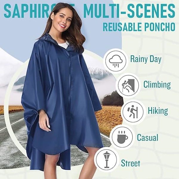 Regnfrakke til voksne, vandtæt udendørs hætte, poncho vandtæt til kvinder med lynlås, festivalponchoer vandtæt lang, vandtætte kapper plusstørrelse Blue