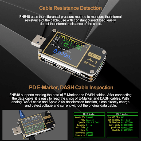 USB-testilaite, PD-liipaisinvolttimittari, USB 3.0 jännite- ja virtatesteri, DC 4-24V 6.5A USB C -yleismittari, PPS-latauskapasiteetin testilaite QC2.0 3.0 FNB48