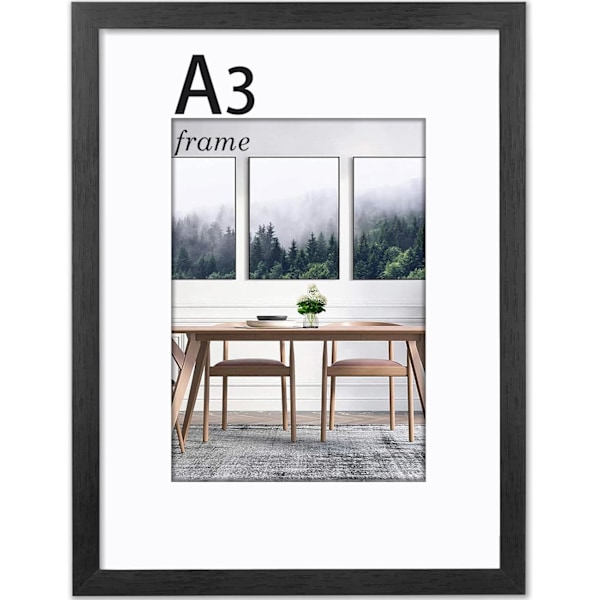 A3 Bilde Ramme, A3 Ramme med Plexiglass og Montering, Bilde Rammer for Kun Veggmontering, Massivt Tre, Svart, 1-pakning