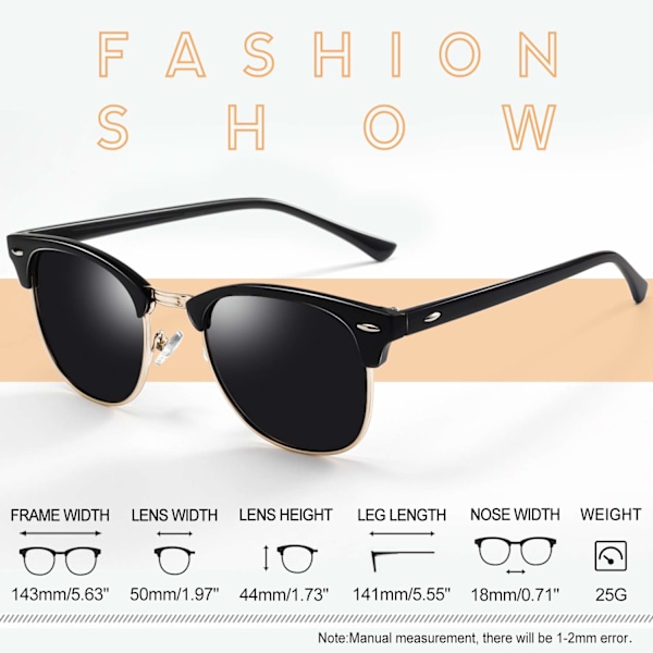 Semi-Rimless Polariserede Solbriller Herre - UV400 Beskyttelse Retro Halv Ramme Solbriller Unisex Polariserede Herre Dame Solbriller