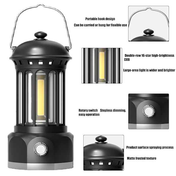 Campinglys, LED Camping Lanterner Lys, Trinløs-Dæmpning Campinglys Hjem Akutlys til Akut, Vandreture, Strømafbrydelser, Hjemmeindretning, Sort black