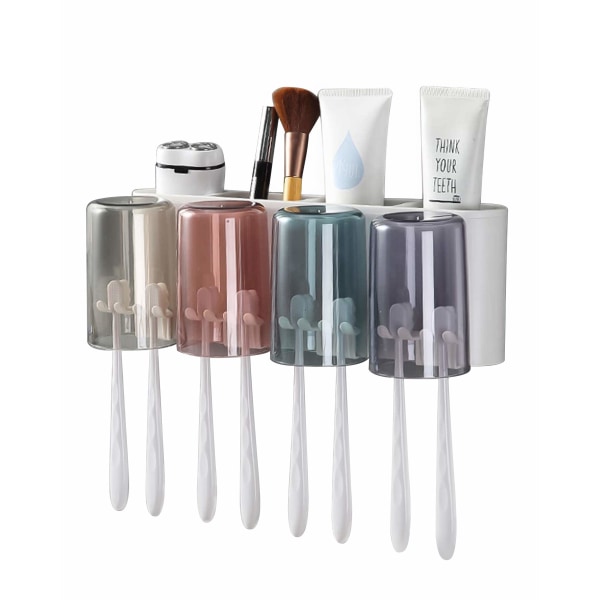 Elektrisk vægmonteret tandbørsteholder, automatisk tandbørsteholder med tandbørsteåbninger, kosmetisk opbevaringsskuffe, ingen boring (4 kopper)