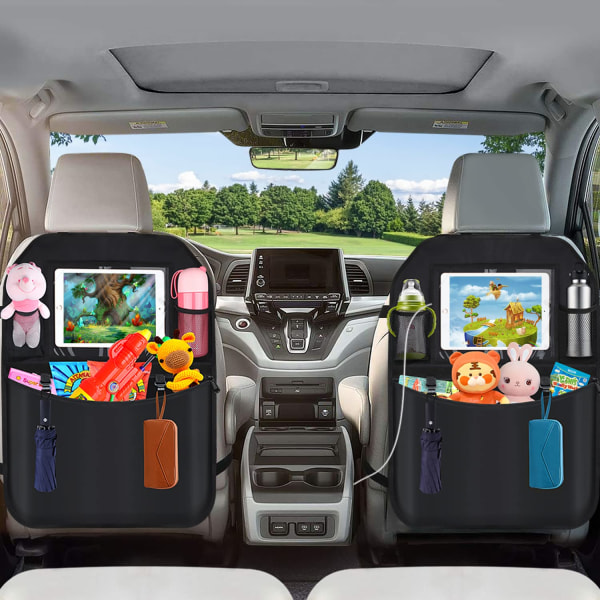 2 stk. bilbagsædebeskytter - med gennemsigtig pose til tabletopbevaring og flere lommer til legetøj/bøger/flasker