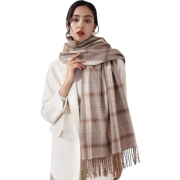 Dam Vinter Tartan Scarf, Lång Vinterscarf, Mjuka Varma Scarfar, Tofssjal, Lång Stola, Julklapp Coffee