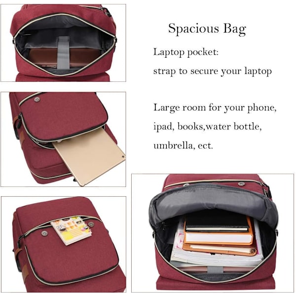 Laptopväska upp till 15,6'' Casual Vattentät Affärsrese Ryggsäck Skolväska Unisex USB Laddningsryggsäckar Wine Red