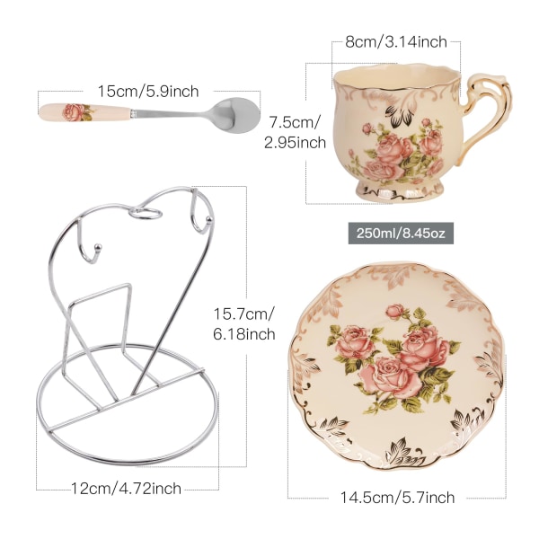 Teekupit ja -alustat, 2 kpl, 200 ml, Vintage Ivory Pink Rose -posliiniteekupisarja telineellä A