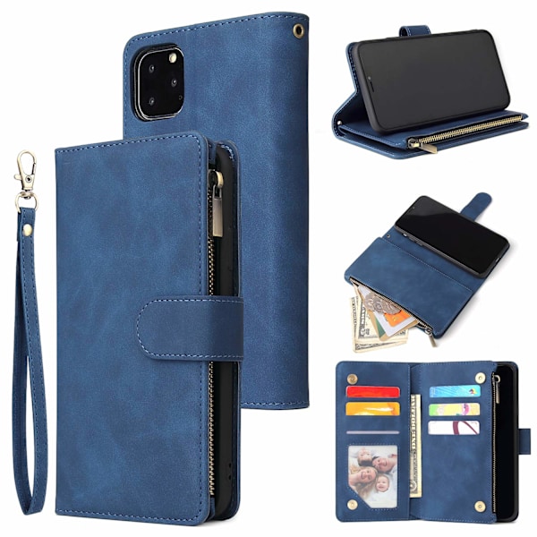 Wallet Case for iPhone 11, Håndveske med glidelåslomme, stativ, kortholderlommer med håndleddsstropp, TPU støtsikkert flip-deksel for iPhone 11 - Blå