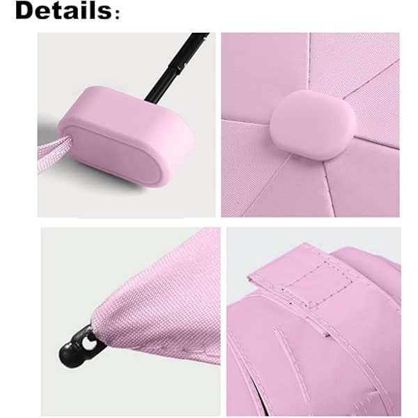 Taitettava matkavarjo, pieni ja kompakti sateenvarjo auringolta ja tuulelta, UV-sateenvarjo vetoketjullisella kotelolla naisille ja tytöille Pink