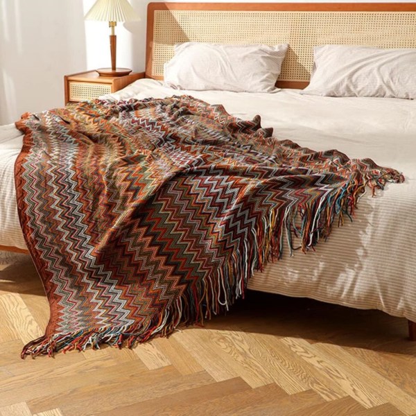 Bohemsk Strikket Pledd Nordisk Stil Pledd med Kvaster, Akryl Strikket Pledd Dekorativ for Sofa Stol Seng Sofa 127 * 152cm