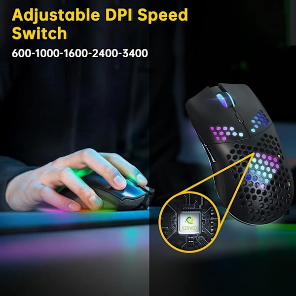 Trådløs Gaming Mus, Datamus med Honeycomb-skall, 11 RGB Bakgrunnsbelyst, 3400 DPI, 6 Programmerte Knapper, USB-mottaker, Trådløs Mus for PC/Mac/Laptop
