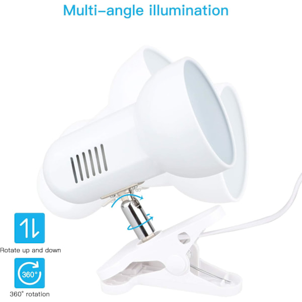 Klemmelampe, 360° Roterende Klemmeboklampe Leselampe, Hvit E27 Fleksibel Klemmelampe med Bryter, Justerbar Enkel Klemmespotlight (Hvit)