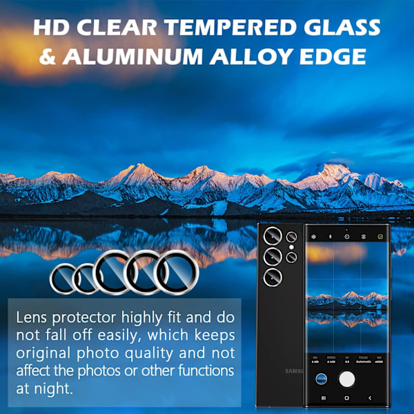 for Samsung Galaxy S23 Ultra Kameralinsebeskytter, Aluminiumlegering Herdet Glass, [3+2] Bakskjerm Kamerabeskyttelsesfilm Ringdeksel (Sølv)