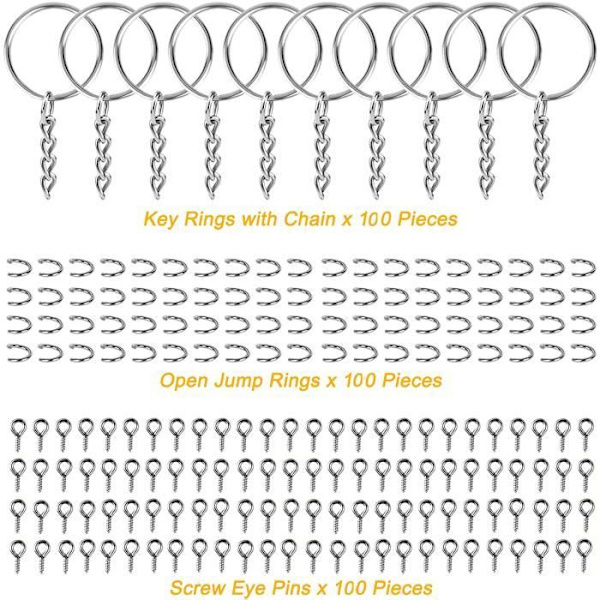 300 st Delade Nyckelringar med 100 Nyckelrings Öglor, 100 Öppna Öglor och 100 Skruvöglor