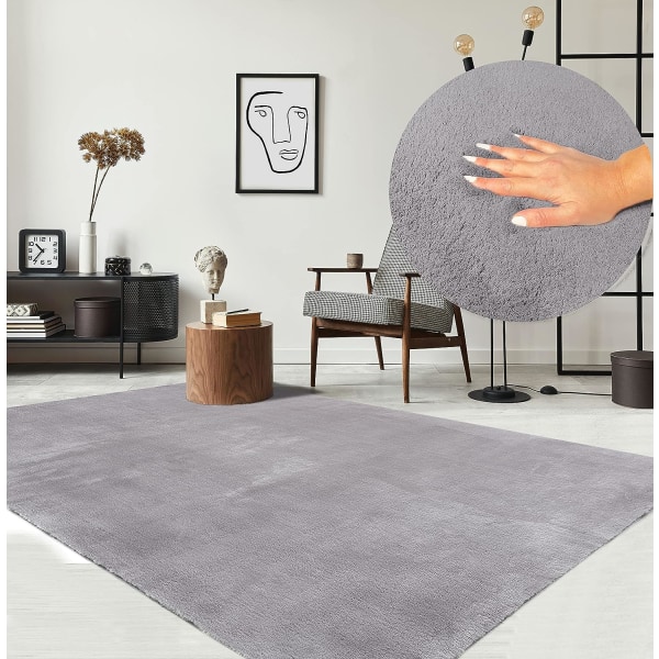 mattan Modern korthårig matta, fluffig, halkfri undersida, tvättbar i 30 grader, supermjuk, pälslook, grå, 80 x 160 cm