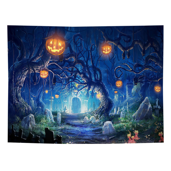 Halloween-teppet hjemsøkt skog om natten, med graver og veggteppe av gresskar, egnet for hjemmefestdekorasjon, 80 w x 60 t. 80" x 60"