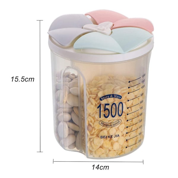 Lufttäta Förvaringsburkar med Lock, Cornflakes Förvaringslåda Kök Spannmålsbehållare, Läcksäker Plastbehållare för Spannmål, 1,5 L / 3 Fack