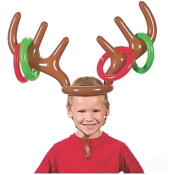 Christmas Party Toss Game, Inflatable Reindeer Antler Hat with Rings for Kids Adults Family Xmas Fun Games