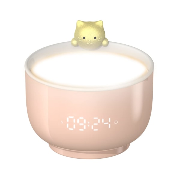 Børnevækkeur til piger, sød kat-vækkeur med berøringsvågning, led natlys, snooze-funktion, USB-opladning, brugerdefineret vækkeur (pink)