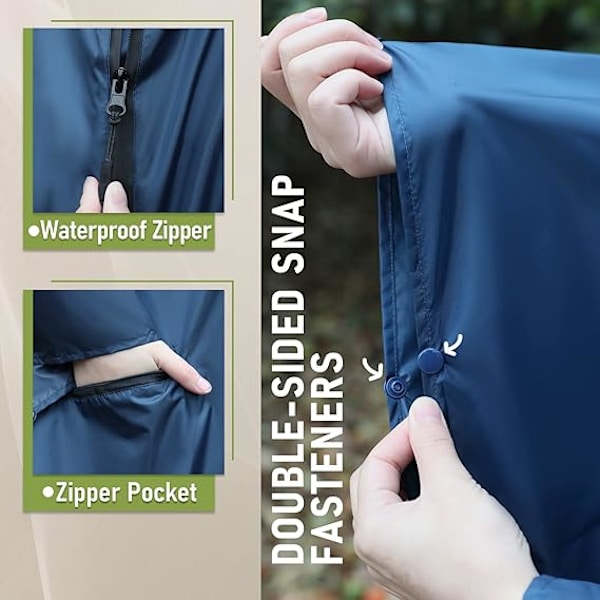 Regnfrakke til voksne, vandtæt udendørs hætte, poncho vandtæt til kvinder med lynlås, festivalponchoer vandtæt lang, vandtætte kapper plusstørrelse Blue