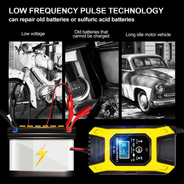 Smart Batteriladdare 7A/12V Bärbar Snabb Motorcykelladdare med LCD-skärmskydd Reparationsläge för Bil Motorcykel Auto Gul