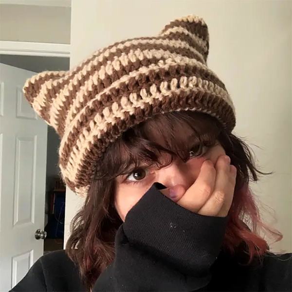 Katte Beanie Hæklet Hatte med Ører Strikket Stribet Vinter Varmt Elastisk Kasket, Beige og Brun Beige and Brown