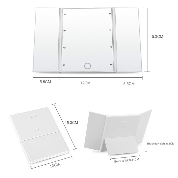 Tri-Fold Sminke Speil Reise Kompakt Lomme Sminke Speil med 8 LED Lys Batteri Inkludert - Hvit white
