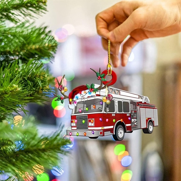 Juldekorationer, julgransdekorationer hängande kännetecken, hängande presenter för träfordon för hem/skola/butik/fest (brandbil 2-pack)