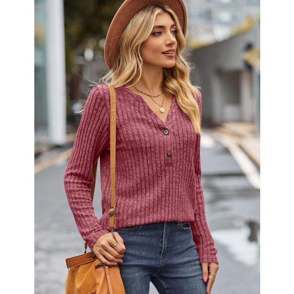 Langærmede overdele til kvinder Casual V-halstrøjer Dame Solid let strikket tunika med knap(XL)