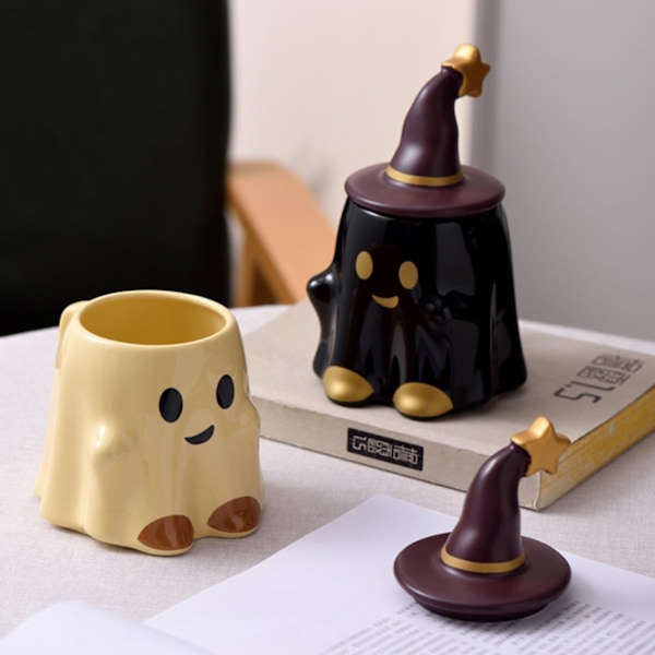 Halloween Ghost Keramikmugg，Nyhet Te-kopp, 401-500ml Halloween Kaffeemugg med lock- Vänlig Ghost (Svart) Black