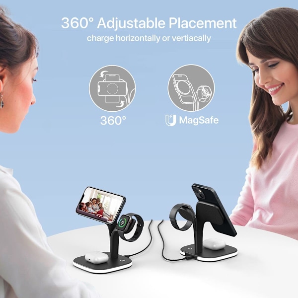 Magnetisk trådlös laddare, 5 i 1 trådlös laddningsstation kompatibel med iPhone 16-12, Pro/Pro Max/Mini