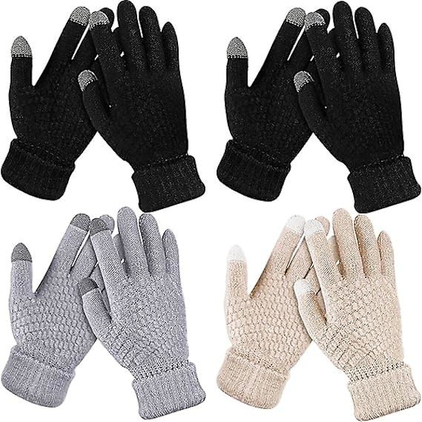 4 Par Dame Vinter Touchscreen Handsker Varme Fleeceforet Strikket Handsker Elastisk Manchet Vinter Handsker (2*Sort, Grå, Beige)