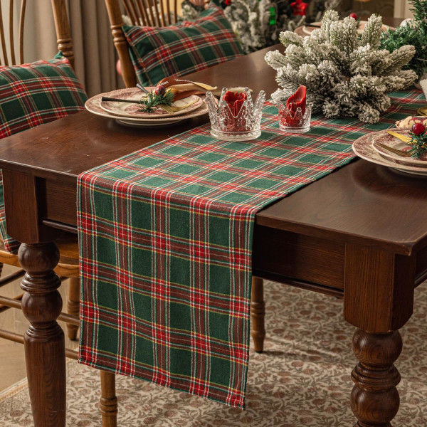 Julebordløber i ternet tartanmønster, grøn buffalo plaid, juletema, pletbestandig, vaskbar, borddekoration til spisestue/julepynt, 13 x 70 tommer Green