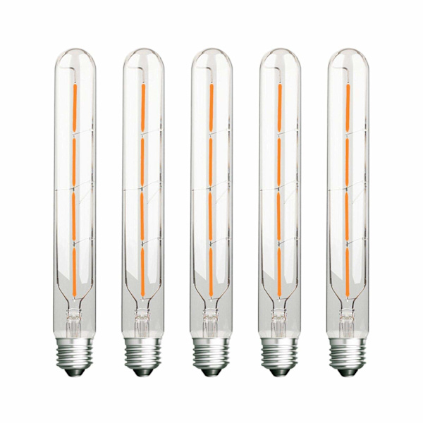 Sæt med 5 lange rørformede LED-pærer, 4W, svarende til 40W glødepære, E27-sokkel, varm hvid 2700K, 400LM, transparent glas, AC 220-240V
