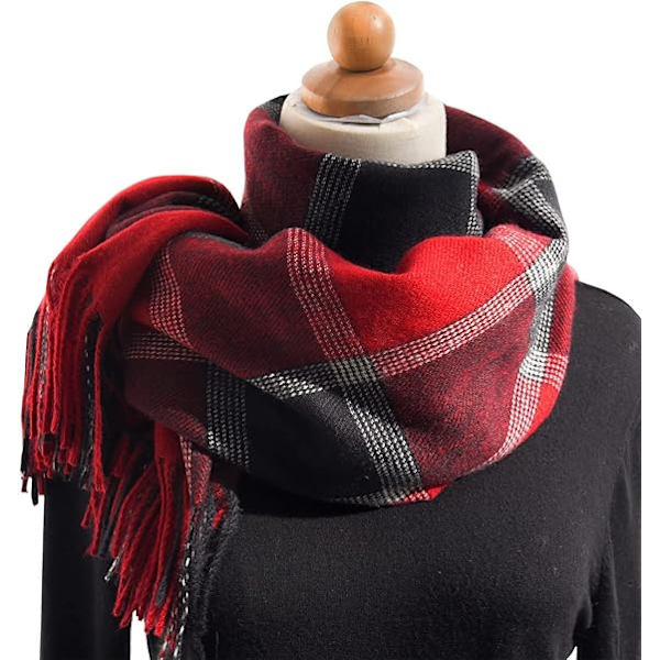 Vinter Tartan Tørklæde til Kvinder, Cashmere-lignende Tørklæder, Lange Varme Slå-om, Pashmina Kvast-sjal, Stola, Valentinsdagsgaver, Tørklæder, Julegave Red