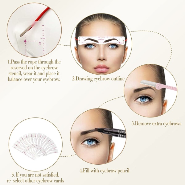 Eyebrow Stencil Shaper Kit, 12 delar återanvändbar mall för ögonbrynsformare med 1 remmar och 1 ögonbrynshyveltrimmer, för att trimma och rita ögonbryn