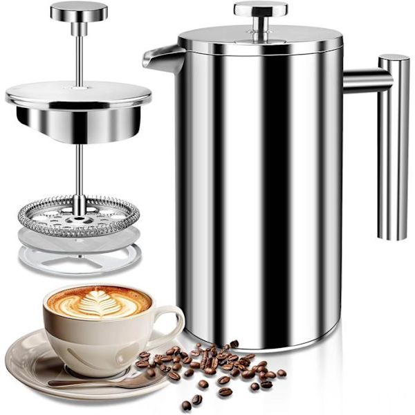 NetBoat Stempelkande med 2 Genanvendelige Kaffefiltre i Rustfrit Stål, 1 Liter (1000 ml)