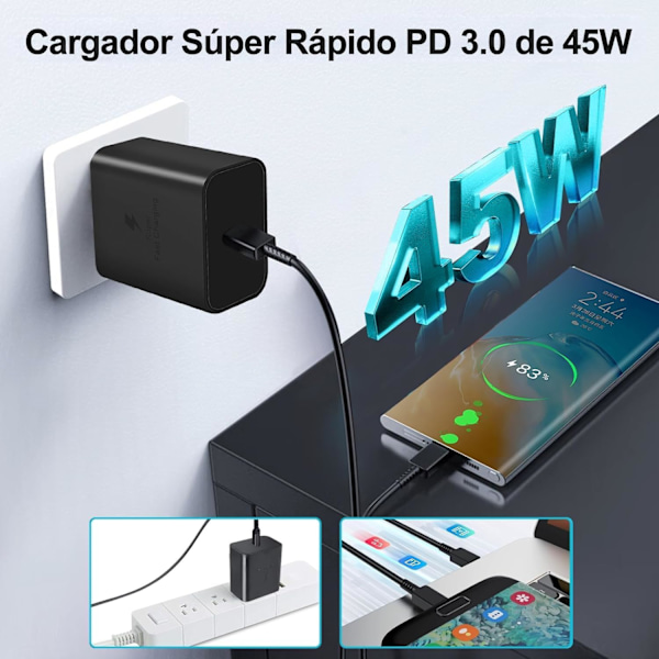 45W Supersnabbladdare Samsung Galaxy S24/S23/S22/S21 Ultra/S20/S20+/Note 20/10/9/8/A73/A53/A52, 1 Meter USB-C Kabel Ingår.