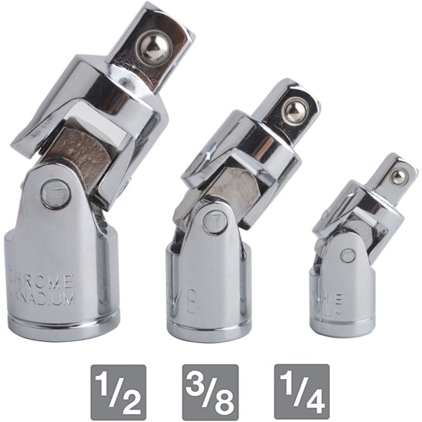 3-osainen yleiskäyttöinen nivelhylsysarja, kääntyvä adapteri, supistin, CR-V teräs, hopea kromiviimeistely, 1/4\" 3/8\" 1/2\" (6,3 mm / 10 mm / 12,5 mm)