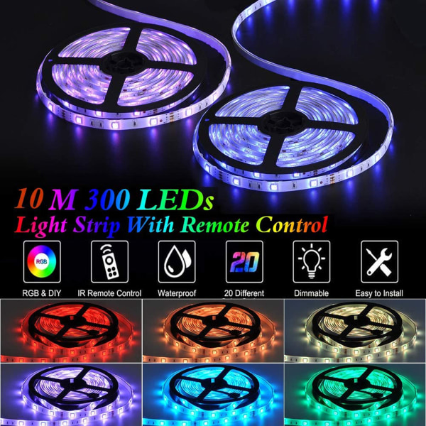 10 M LED-nauha, LED-makuuhuoneen RGB LED-nauha Led-valonauha Led-nauha makuuhuoneeseen 300 LEDiä 5050 RGB IP65 Vedenpitävä 44-näppäimen kaukosäädin (10m)