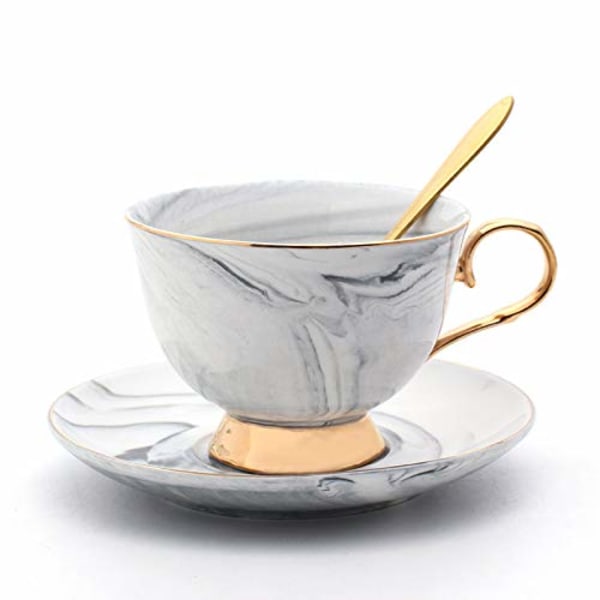 Marmor Keramik Kop og Underkop Sæt Kamelia Mønstret Ben Kina Kaffe Kop Te Kop Guld Trim med Kaffe Kop, Underkop og Ske, 200ml, Grå Gray