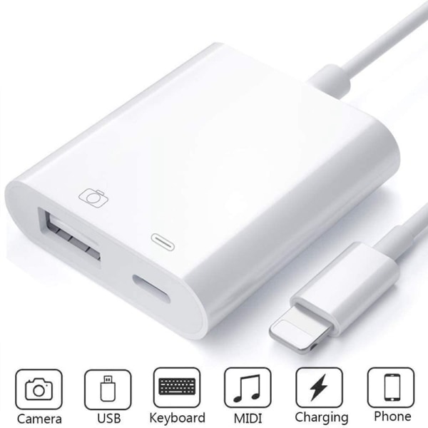 Saliop USB-adapter for iPhone/iPad, USB OTG-adapter og ladeport 2 i 1, kameraadapter støtter lyd/MIDI-grensesnitt og kortlesere