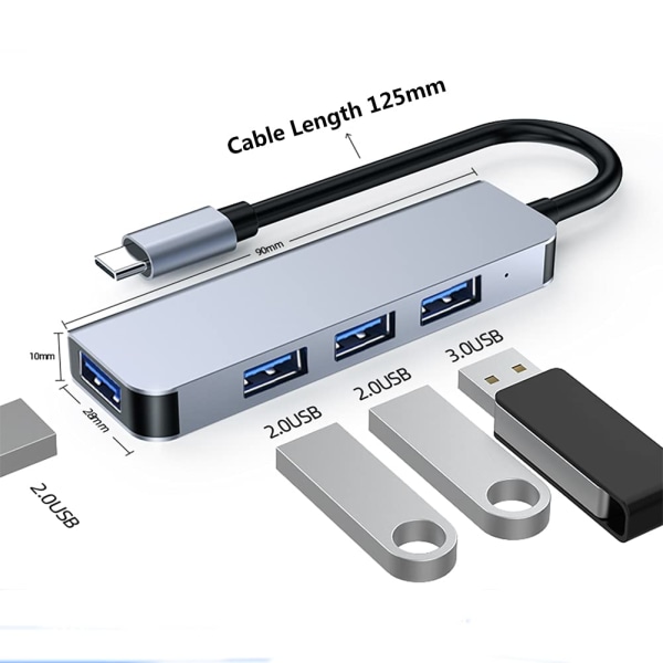 USB C Hub USB 3.0 Slim Aluminiums skal Typ C till 4-Port Kompatibel med MacBook Air, Mac Pro/Mini, iMac, XPS, PS5, Xbox One, Flash Drive, Mobil HDD