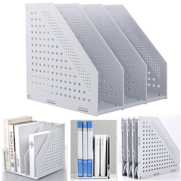 Foldbar magasinholder med 3 rom, justerbar, robust, for skrivebord, dokumentarkiv, display, lys grå