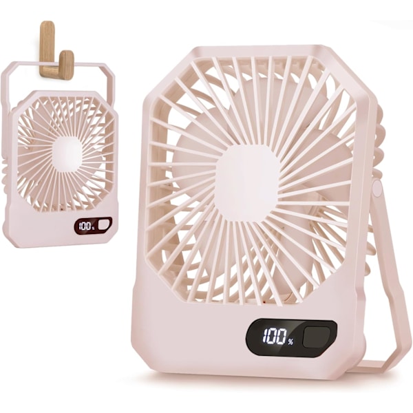 2-i-1 Bord- og Hængeventilator, Lille Støjsvag Skrivebordsventilator med 180° Stativ og LED-Display, Bærbar Mini USB-C Genopladelig Skrivebordsventilator (Pink)