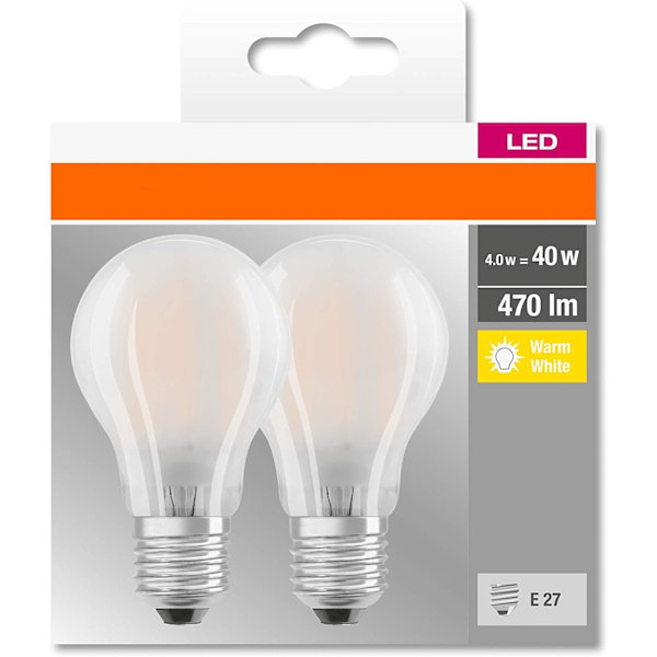LED-lampa, klassisk form med skruvsockel: ersättning E27 4W, frostad, 2700 K, 2-pack