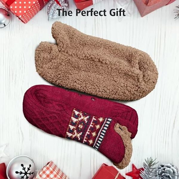 Toffelsockor för män och kvinnor, fluffiga strumpor med grepp, halkfri fleecefodring, termiskt stöd, julklapp L 43-45 Wine Red 43-45