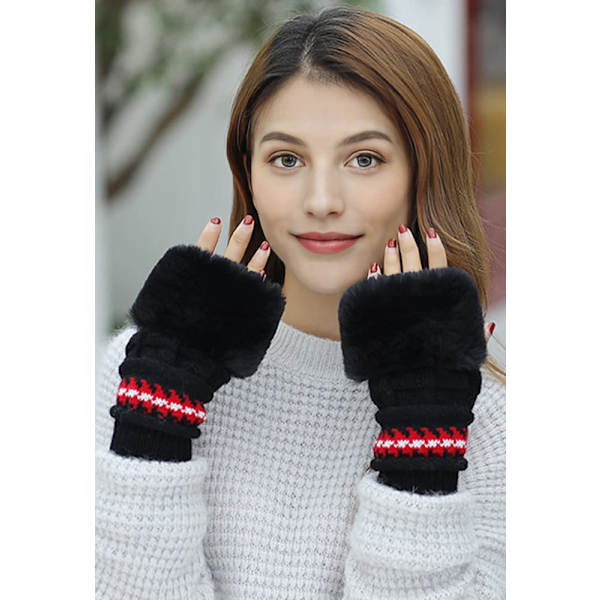 Damhattset Fluffig Vintermössa Stickad Beanie Utomhus Plyschfodrad Rysshatt Pompom Öronlapp med Vantar, svart black