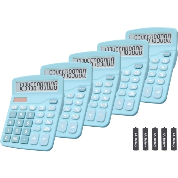 Kalkulator, 12-bits håndholdt skrivebordskalkulator med dobbel effekt med stor LCD-skjerm Store følsomme knapper (blå, 5-pakning)