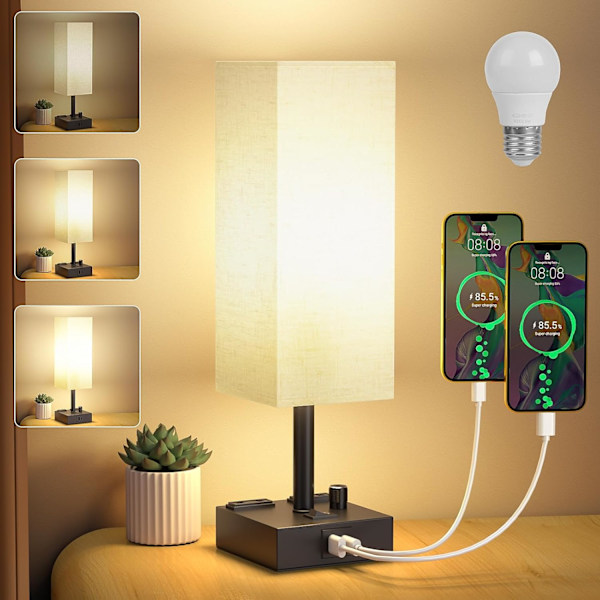 Dæmpbar Sengelampe, Dæmpbar Bordlampe med Linnedskærm, Multifunktionel Sengelampe, Læselampe, Varm Hvid, 1 Styk
